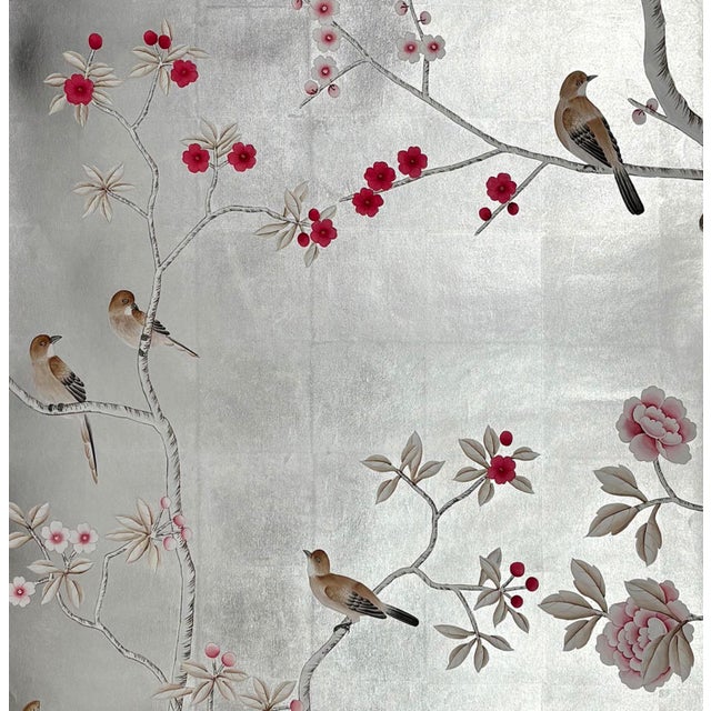 Not Yet Made - Made To Order Silver Leaf Chinoiserie Hand-Painted Bird & Peony Wall Panels (Set of 5) For Sale - Image 5 of 7