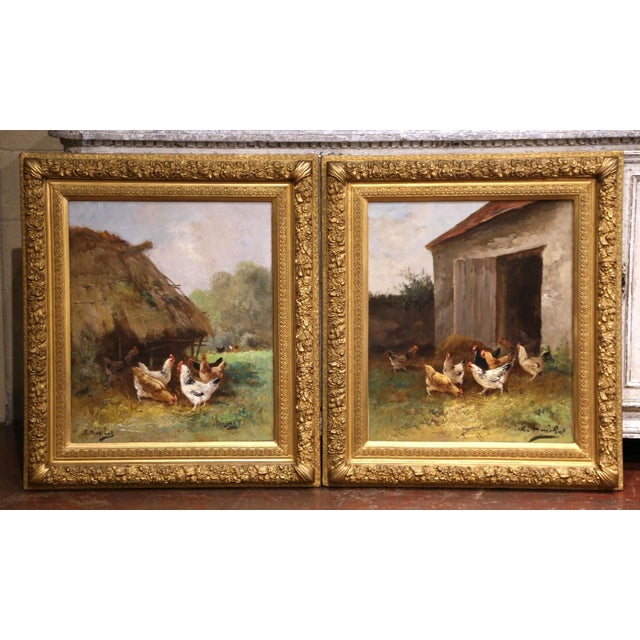 Pair 19th Century French Barnyard Oil Paintings Signed Charles Maréchal For Sale - Image 9 of 12