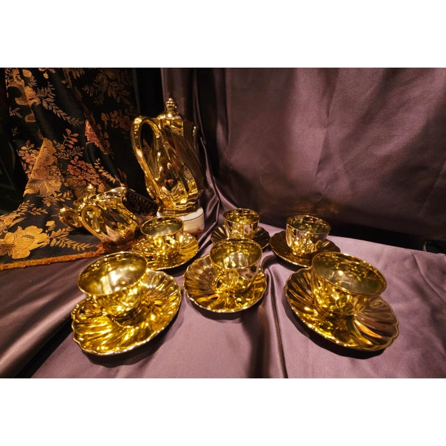 Gold Mid 20th Century Porcelain Bavaria Gold Overlay Demitasse Coffee Set, Service for Six- 17 Pieces For Sale - Image 8 of 12