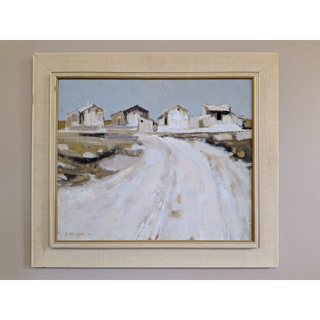 BEYOND THE WHITE ROAD Size: 24.2 x 27.8 inches (including frame) Oil on canvas An atmospheric mid-century landscape that...
