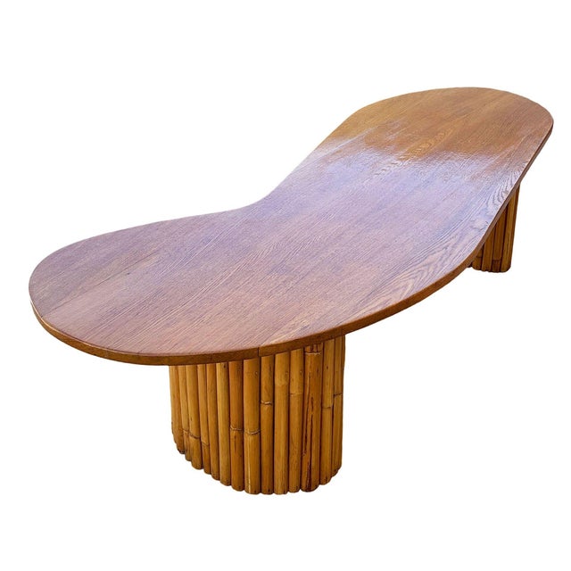 1950s 1950s Restored Rare Mid-Century Rattan and Mahogany Asymmetric "J" Coffee Table For Sale - Image 5 of 7