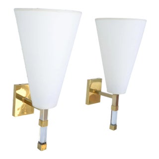 Pair of Romeo Rega Lucite & Brass Sconces French Mid-Century Modern Cone Shades For Sale