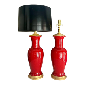 Pair Reddish Orange Asian Style Ceramic Table Lamps