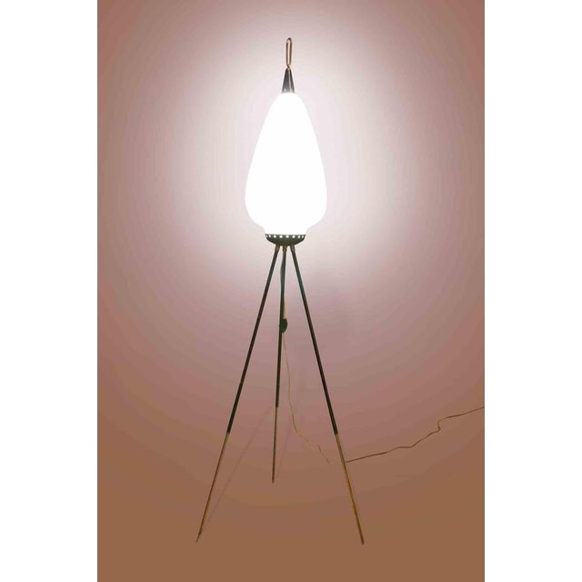 Vintage Tripod Floor Lamp in Opaline Glass and Metal from Stilnovo, Italy, 1950s For Sale - Image 4 of 5
