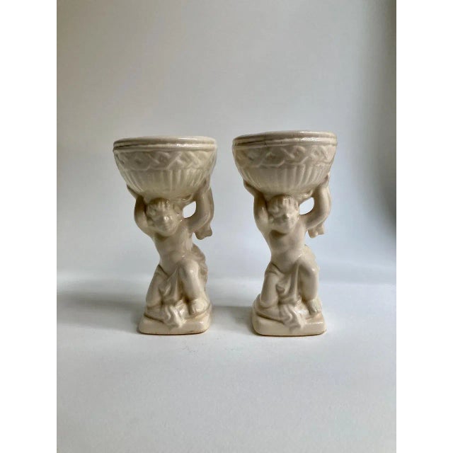 Mid-Century Modern Mid 20th Century Cream Ceramic Cherub Vases Candle Holders - A Pair For Sale - Image 3 of 13