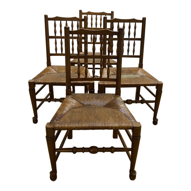Antique French Country Honey Stained Rush Seat Dining Chairs Set