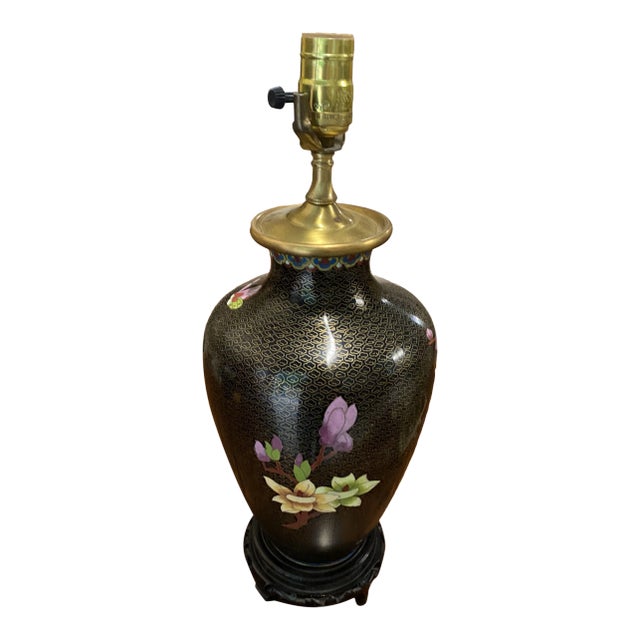 1970s Asian Black Lamp With Cherry Blossoms For Sale