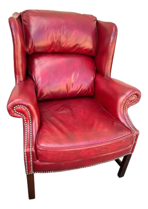 Cherry Red Leather and Mahogany Wingback Chair From St. Timothy of Hickory, North Carolina