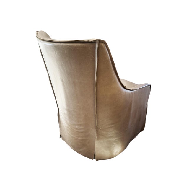 Early 21st Century Pair of Taupe Leather, Skirted Slip-Covered Verellen Chairs on Casters For Sale - Image 5 of 14