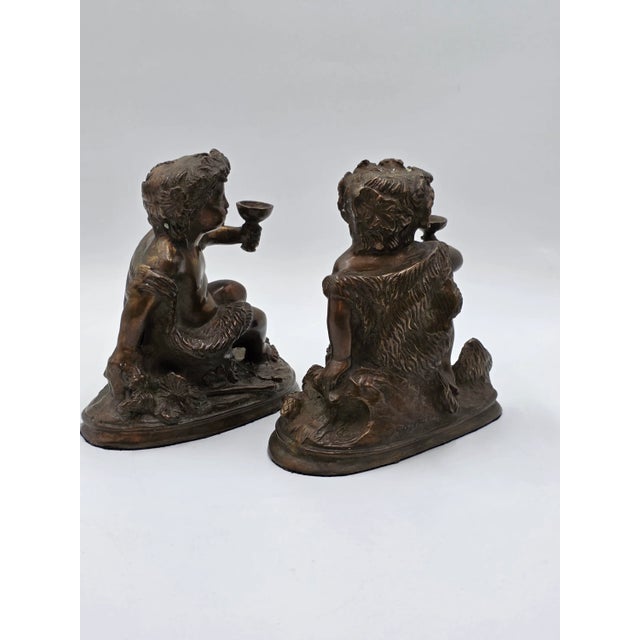 Metal Gourgeous Set of 2 French Bronze Sculpture by E. Rossy ,Putti Cherubs Holding a Wine Cup For Sale - Image 7 of 18