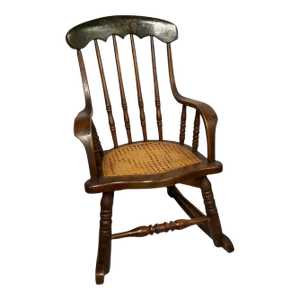 Early 20th Century Child’s Black Tole Painted Cane Bottom Seat Rocking Chair