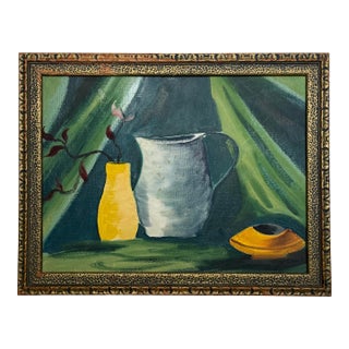 Vintage Modern Expressionism Still Life Gold Framed Original Oil Painting, Green, Yellow, Blue Gray For Sale