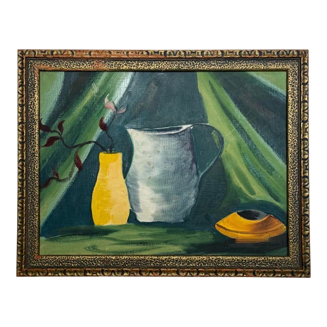 Vintage Modern Expressionism Still Life Gold Framed Original Oil Painting, Green, Yellow, Blue Gray For Sale