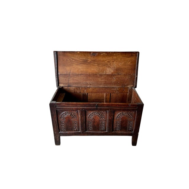 17th Century English Carved Oak Three-Panel Coffer, 1650 For Sale - Image 3 of 11