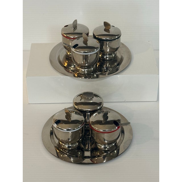 Mid-Century Modern Mid 20th Century Pair of Mid-Century Modern Chrome Condiment Servers With Original Spoons and Trays - 16 pcs For Sale - Image 3 of 12