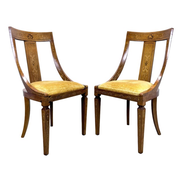 Antique 19th Century Inlaid French Empire Biedermeier Gondola Style Side Chairs For Sale