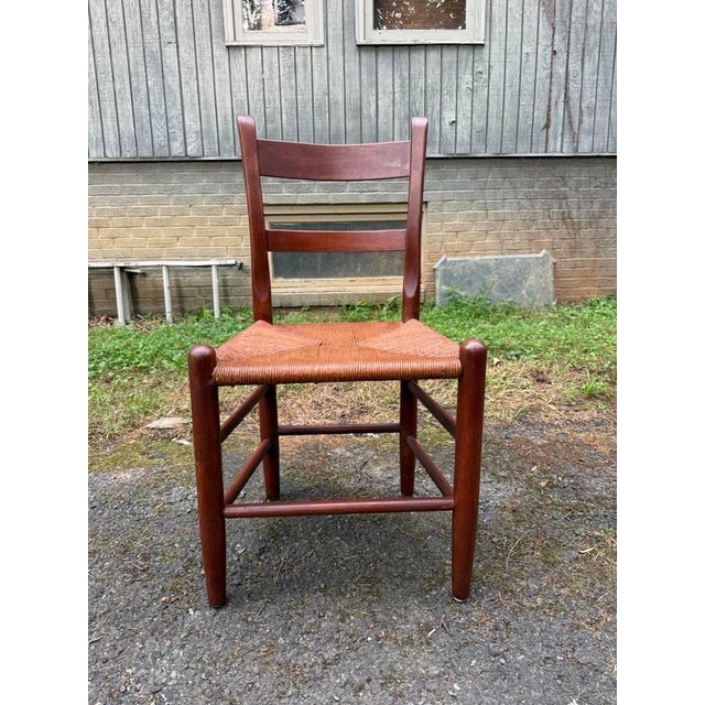 Vintage Early American Shaker Style Solid Wood Ladder Back Rush Seats Dining Chairs For Sale - Image 12 of 16