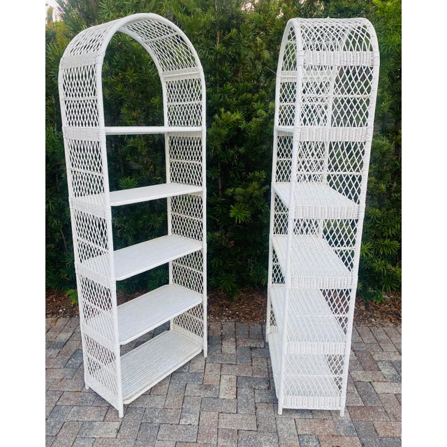 1970s Vintage Boho Chic Arched Rattan & Wicker Bookcases Étagère- a Pair For Sale - Image 10 of 11