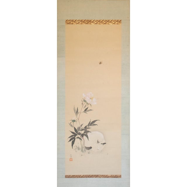 Fine large antique Japanese watercolor painting "Sleeping Cat and Peony Flower". Signed and sealed by artist: “Shuto”...