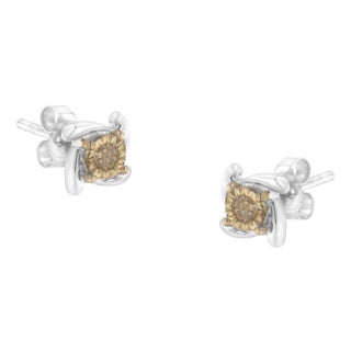 Two-Toned Sterling-Silver 1/10 cttw Diamond Stud Earring (Champagne Color, I2-I3 Clarity) For Sale