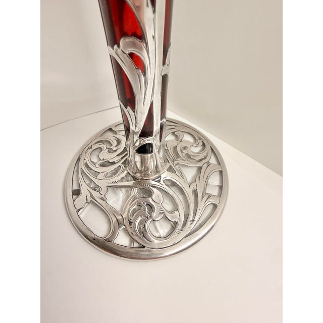 Art Nouveau Sterling Silver and Red Glass Inlayed Art Nouveau Trumpet Vase For Sale - Image 3 of 12