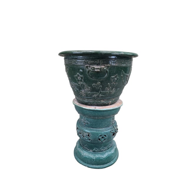 Antique Green Glazed Planter Pot Vase from Guangdong Province with Stand This decorated planter originates from Guangdong,...