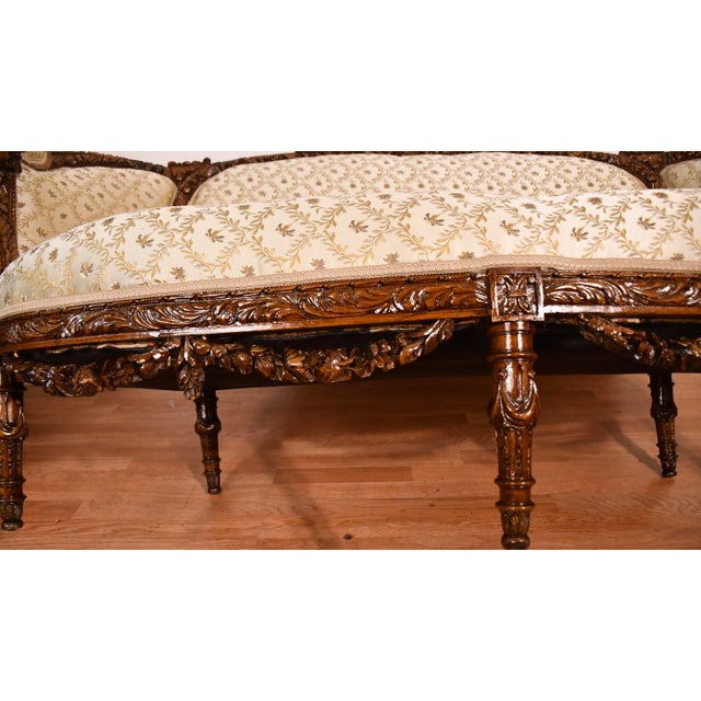1920s Antique French Carved Walnut Spring-Seat Loveseat Sofa New Upholstery For Sale - Image 17 of 17