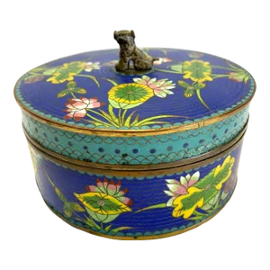 Early 20th Century Antique Chinese Cloisonne Round Covered Box With a Bronze Foo Dog FInial