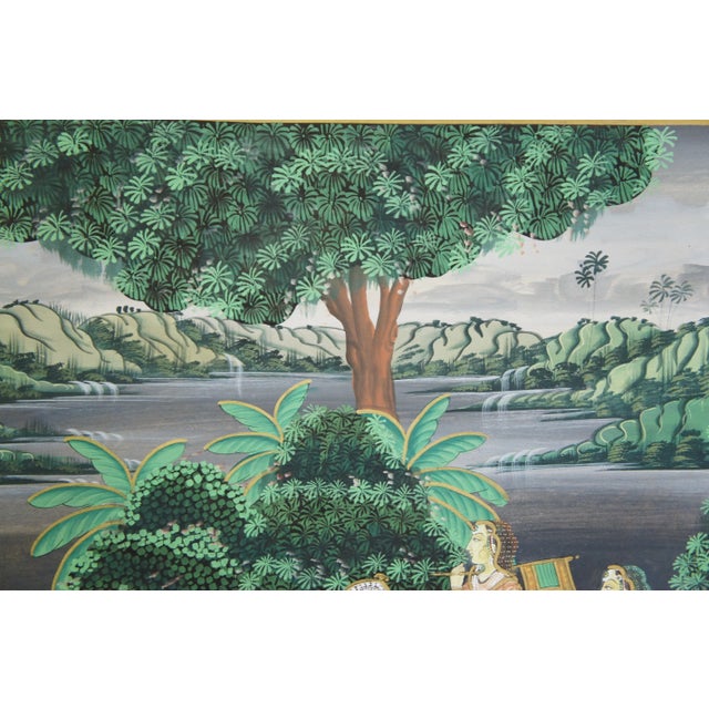 Monumental Indian Pichhwai Radha Krishna Gopis Painting Silk Garden Peacock 68" For Sale - Image 9 of 13