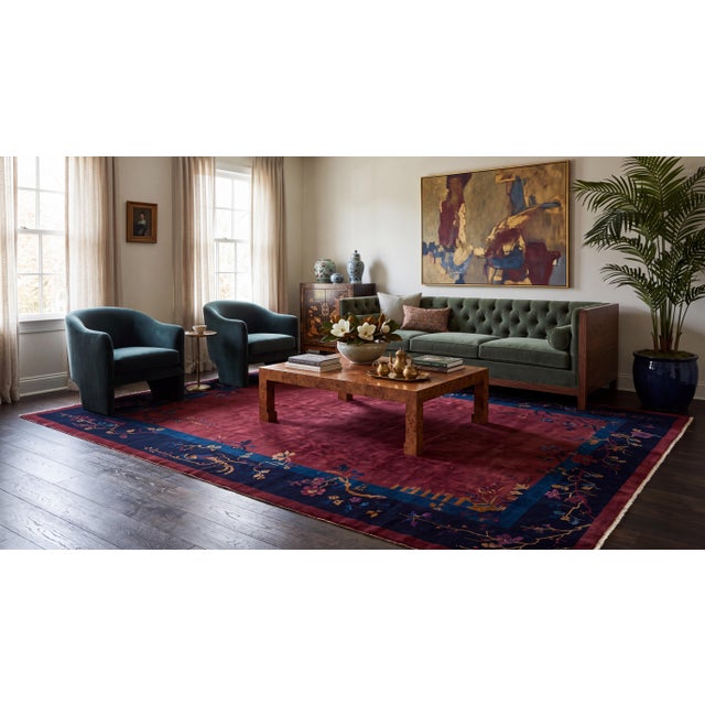 An exquisite example of early 20th-century craftsmanship, this authentic Art Deco Chinese rug features a rich, deep...