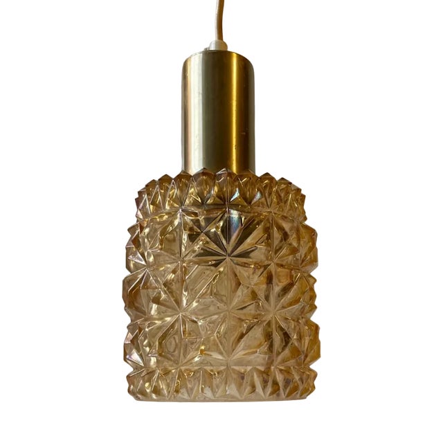 Scandinavian Modern Brass & Honey Glass Pendant Lamp, 1960s For Sale