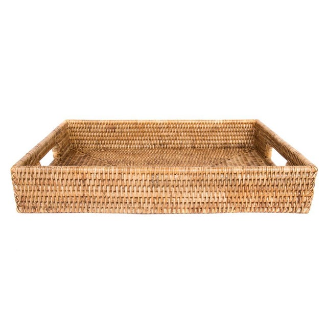 Artifacts Rattan Rectangular Tray with Cutout Handles in Honey Brown - 17" x 12" For Sale - Image 4 of 4