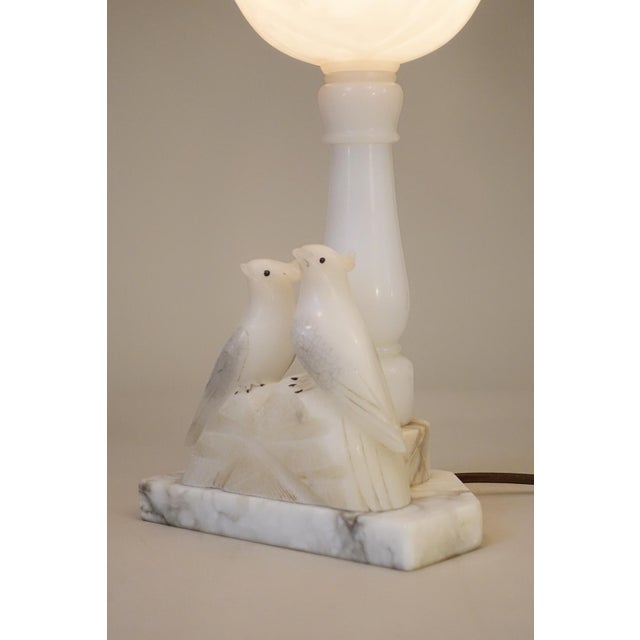 1930s Art Deco Carved Alabaster Marble Two Love Birds Sculpture FairyTable Lamp Italy For Sale - Image 9 of 14