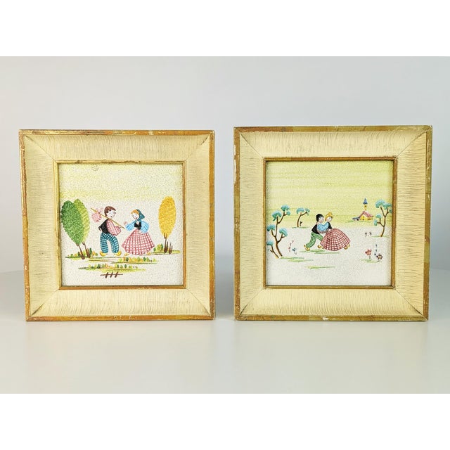 Mid-Century Modern Italian Wall Decorative Ceramic Tiles with Wooden Frame by Lina Poggi Assalini for Ce. As., 1950s, Set of 3 For Sale - Image 3 of 9