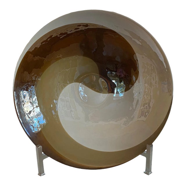 Vintage Modernist Designer Glass Bowl With Swirl Design and Metal Stand For Sale