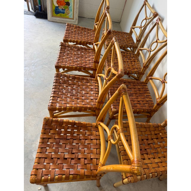 Vintage McGuire-Style Boho Chic Coastal Rattan & Leather Dining Chairs – Set of 8 For Sale - Image 4 of 12
