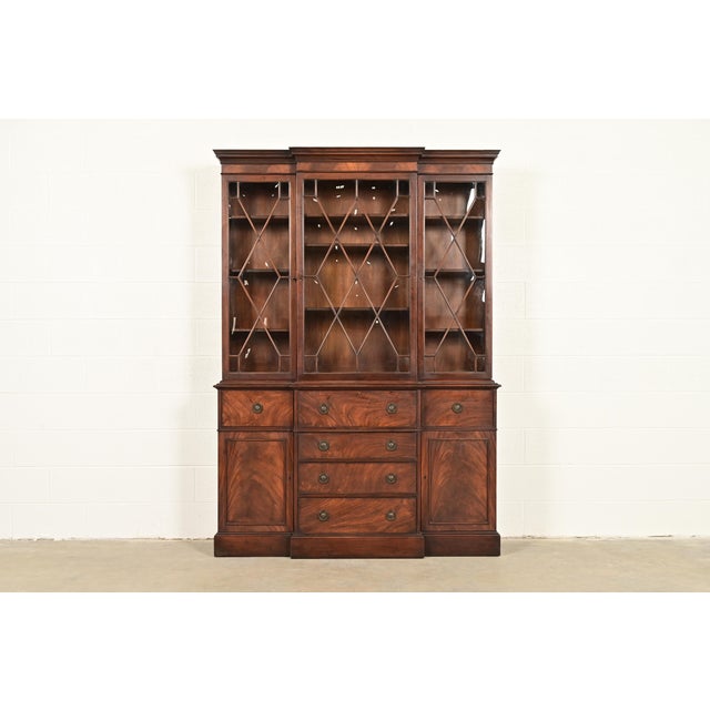 Baker Furniture Georgian Flame Mahogany Bubble Glass Breakfront Bookcase Cabinet With Drop Front Secretary Desk, Circa 1940s For Sale - Image 14 of 14