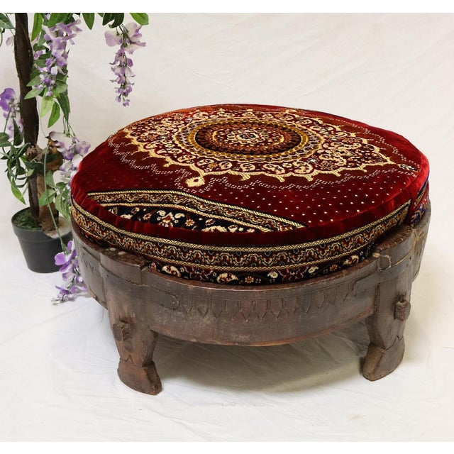Wood Antique Indian Hand Carved Chakki Rice Mill Stool or Ottoman, 1950s For Sale - Image 7 of 17