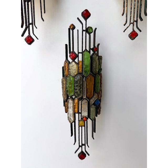 1970s Hammered Glass Wrought Iron Sconces by Longobard, Italy, 1970s, Set of 3 For Sale - Image 5 of 14