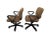For sale: a pair of earth brown fabric swivel office chairs with black plastic frame and armrests. The chairs offer...