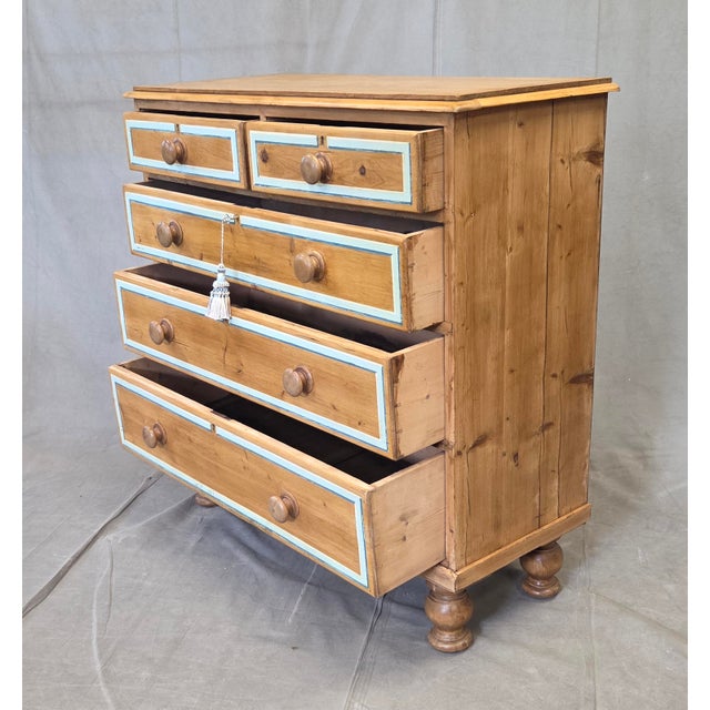 English Antique English Edwardian Natural Pine Chest of Drawers With Blue French Line For Sale - Image 3 of 14