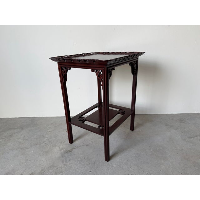 1960’s Vintage Chinese-Style Carved Mahogany Side Table With Pierced Gallery Top For Sale - Image 9 of 12