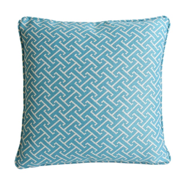 Sky-Blue & White Modern Contemporary Geometric Feather/Down Pillow 20” Square For Sale - Image 4 of 6