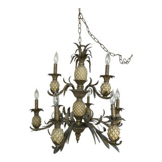 Vintage Palm Beach Chic Pineapple Metal Tole Chandelier For Sale