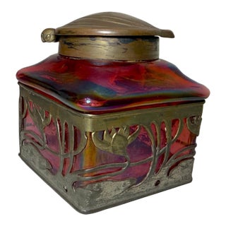 Antique Carl Stolzle Austrian Art Nouveau Red Glass Bronze Writing Inkwell Jar For Sale