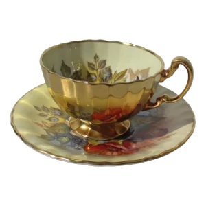 Gold Aynsley England Bone China Signed by J. A. Bailey Floral Cup and Saucer