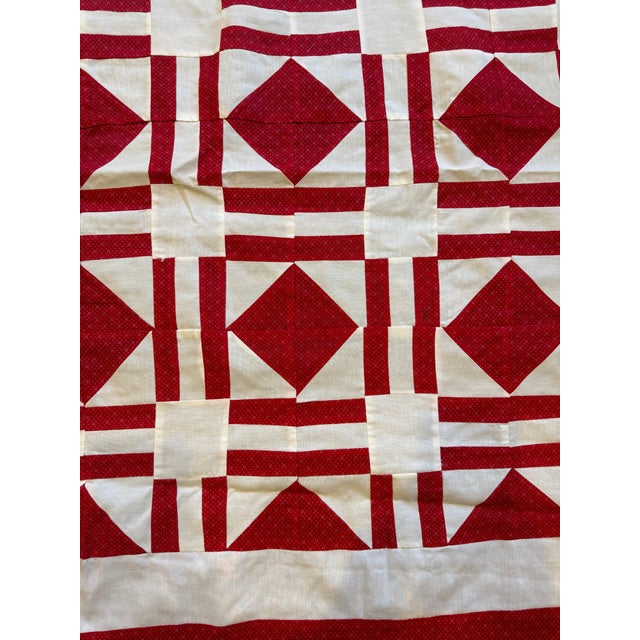Textile Vintage Red White Quilt Top Only Diamond Pattern 68x93 For Sale - Image 7 of 10