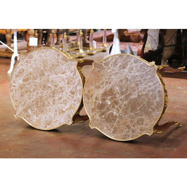 Pair of Mid-C. French Louis XV Marble-Top Mahogany & Ormolu Mounted Side Tables For Sale - Image 10 of 11