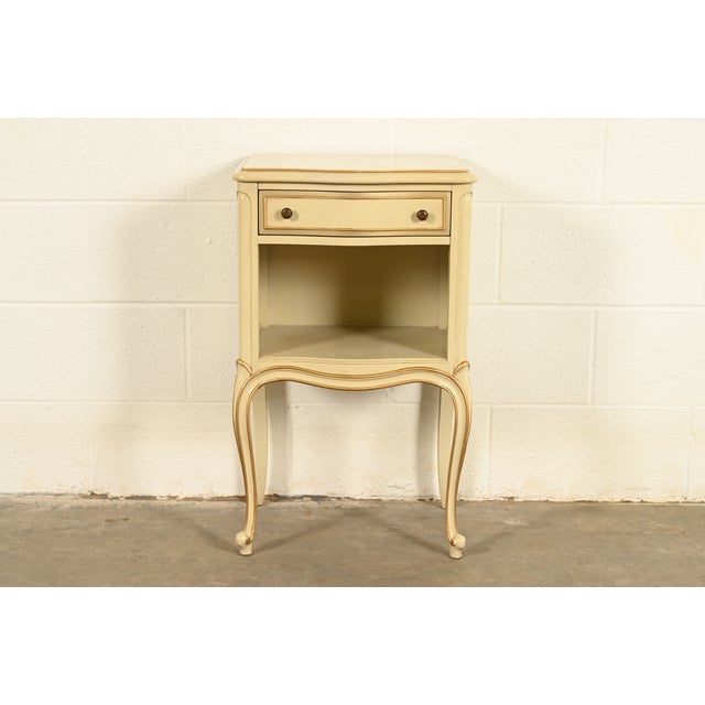 French Provincial Drexel French Provincial Louis XV Cream Lacquered and Gold Gilt Nightstand, Circa 1950s For Sale - Image 3 of 15