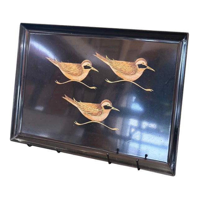 Vintage Mid-Century Modern Black Lacquer Tray With Hand-Painted Shorebirds - 1950s Japanese Decorative Serving Art For Sale